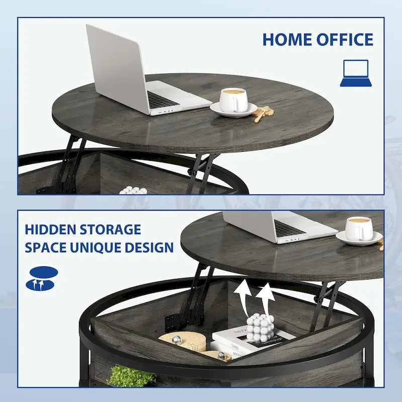 Table basse ronde à plateau relevable et structure extensible avec rangement dissimulé