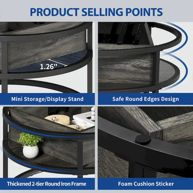 Table basse ronde à plateau relevable et structure extensible avec rangement dissimulé