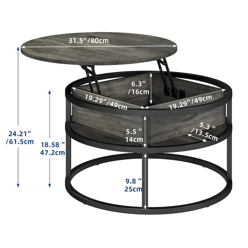 Table basse ronde à plateau relevable et structure extensible avec rangement dissimulé
