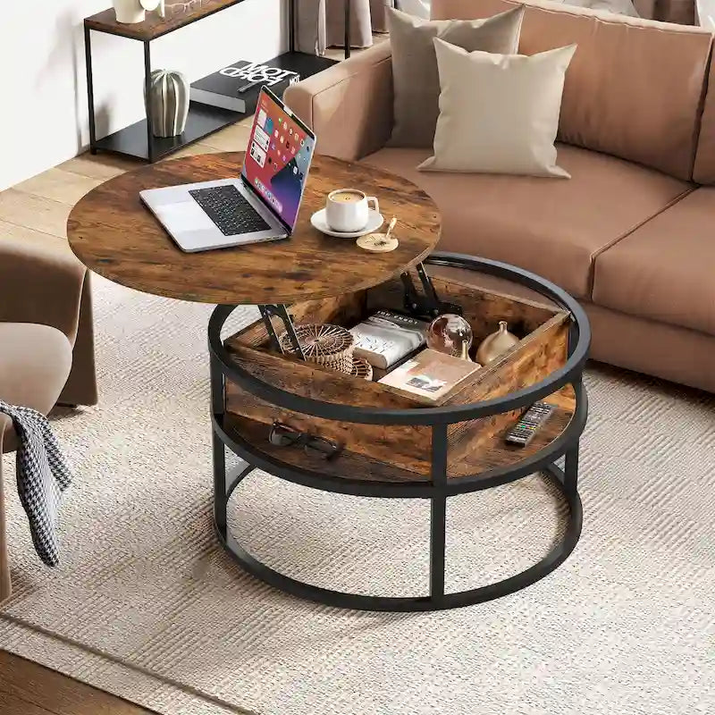 Table basse ronde à plateau relevable et structure extensible avec rangement dissimulé