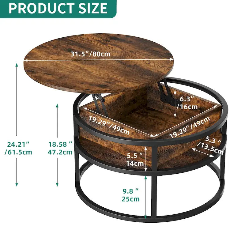 Table basse ronde à plateau relevable et structure extensible avec rangement dissimulé