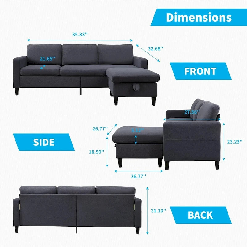 Canapé d'angle convertible Mixoy 3 places avec pouf de rangement et méridienne réversible - 218 cm x 71 cm x 78 cm