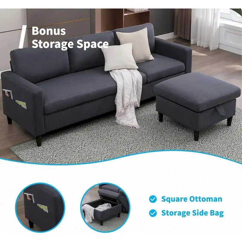 Canapé d'angle convertible Mixoy 3 places avec pouf de rangement et méridienne réversible - 218 cm x 71 cm x 78 cm