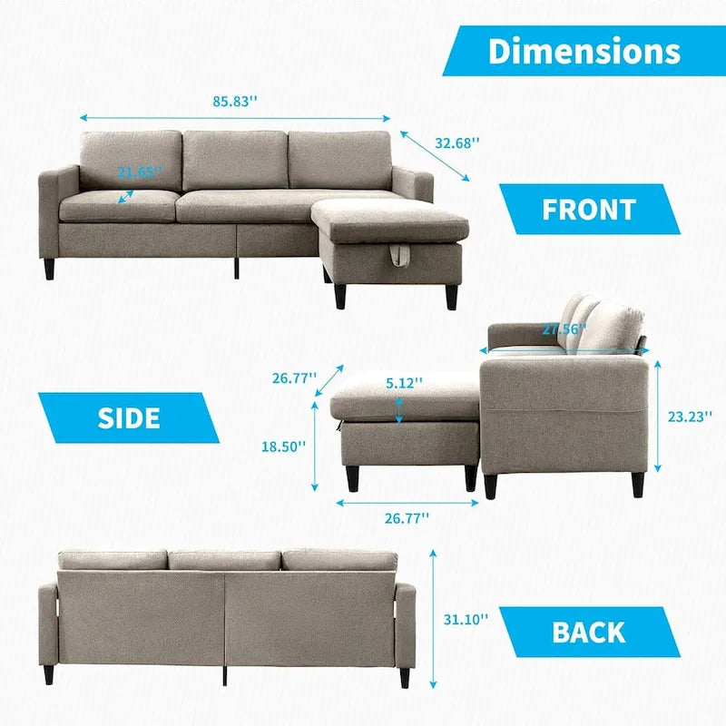 Canapé d'angle convertible Mixoy 3 places avec pouf de rangement et méridienne réversible - 218 cm x 71 cm x 78 cm