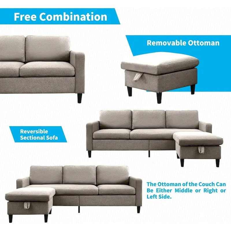 Canapé d'angle convertible Mixoy 3 places avec pouf de rangement et méridienne réversible - 218 cm x 71 cm x 78 cm