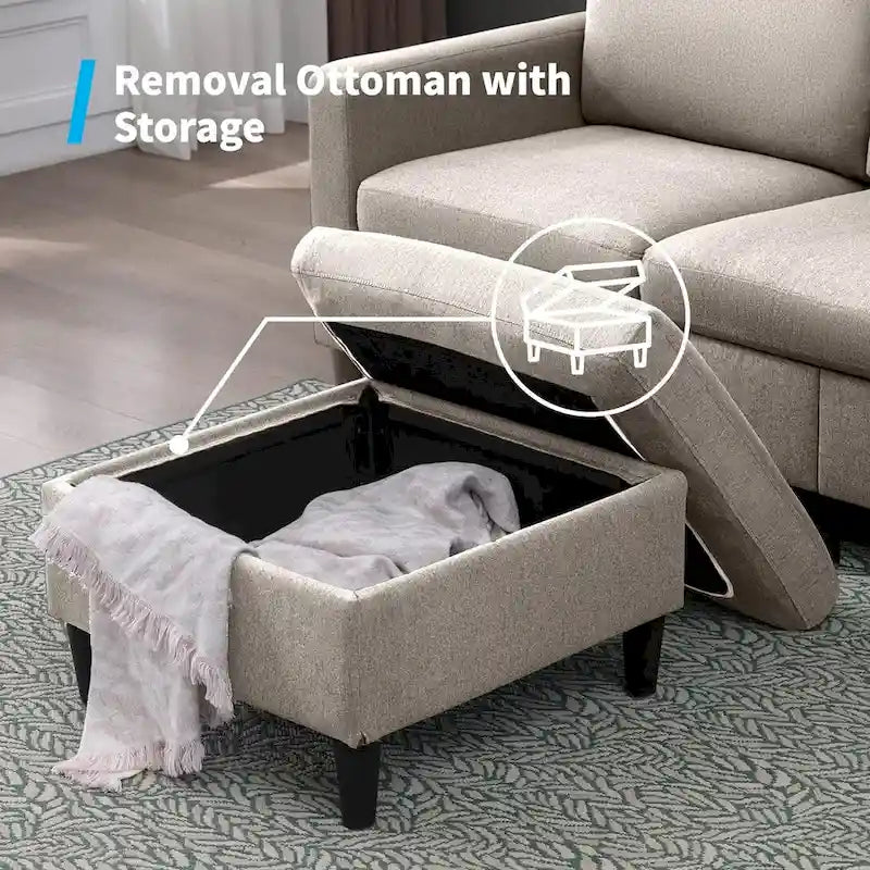 Canapé d'angle convertible Mixoy 3 places avec pouf de rangement et méridienne réversible - 218 cm x 71 cm x 78 cm