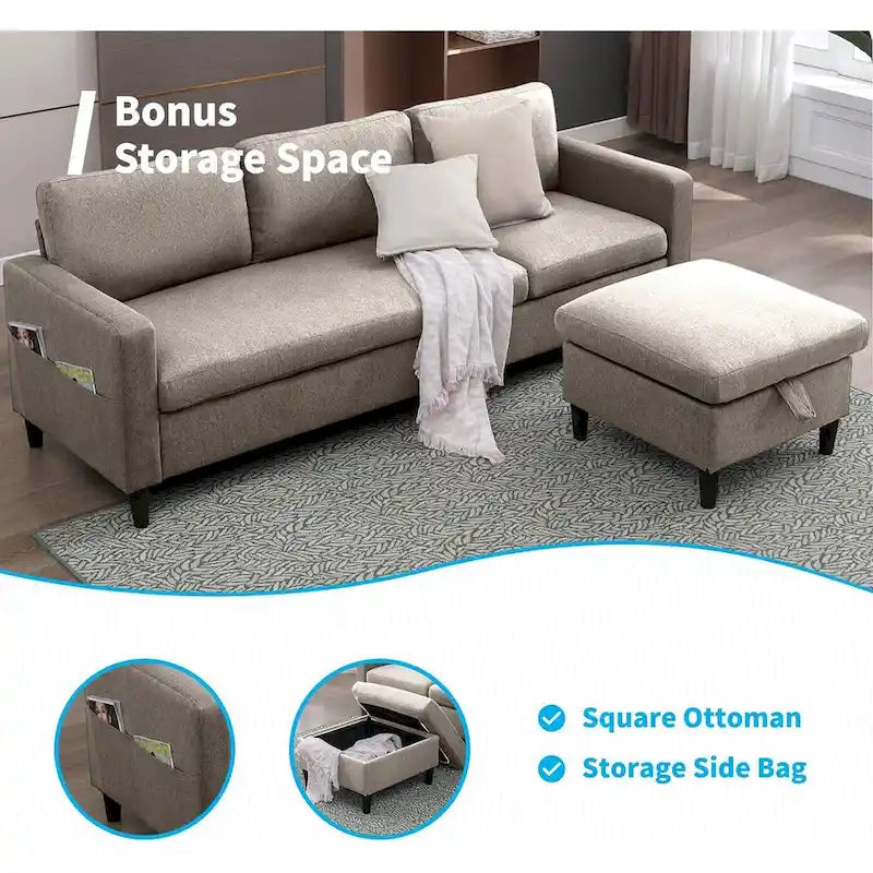 Canapé d'angle convertible Mixoy 3 places avec pouf de rangement et méridienne réversible - 218 cm x 71 cm x 78 cm
