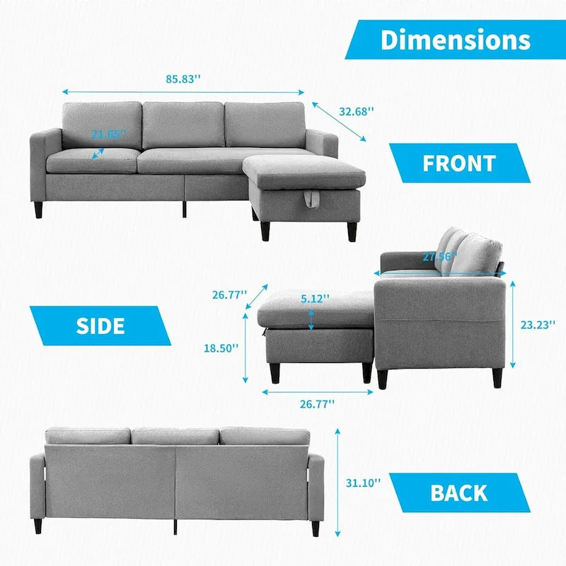 Canapé d'angle convertible Mixoy 3 places avec pouf de rangement et méridienne réversible - 218 cm x 71 cm x 78 cm