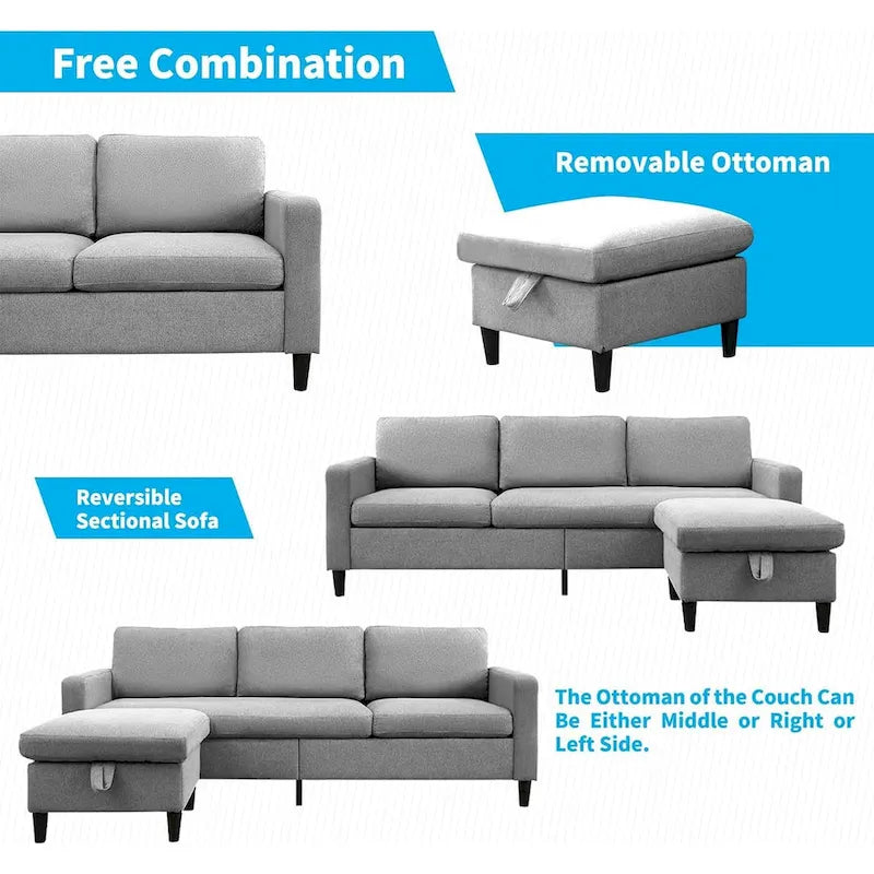 Canapé d'angle convertible Mixoy 3 places avec pouf de rangement et méridienne réversible - 218 cm x 71 cm x 78 cm