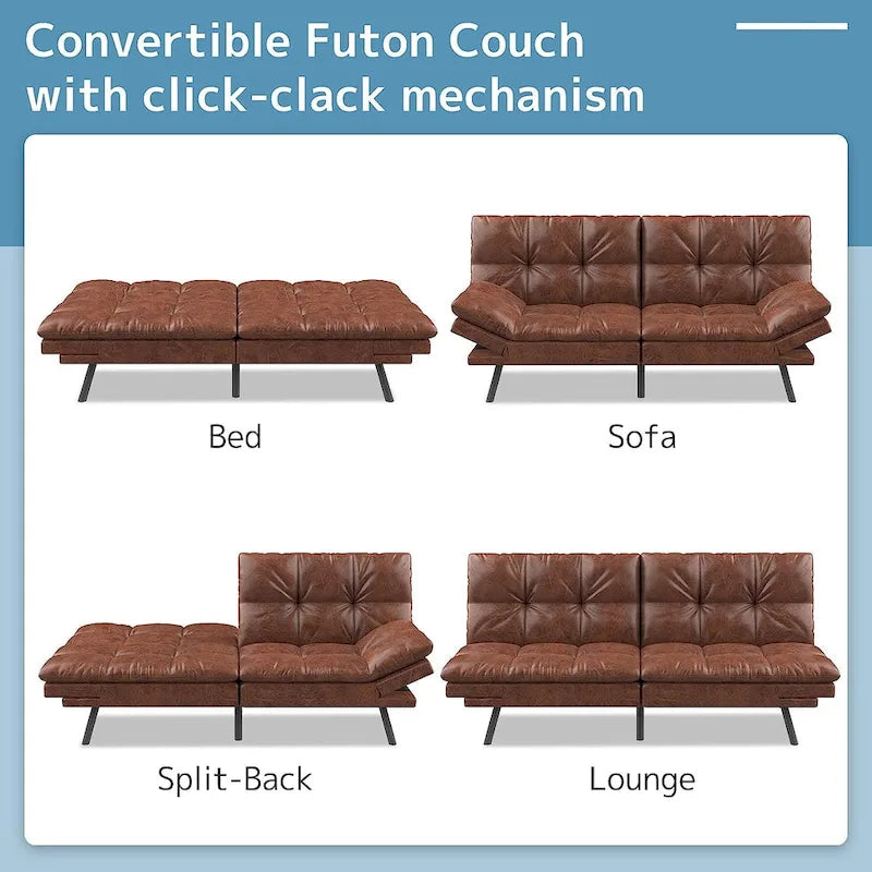 Canapé-lit futon, canapé pliable en mousse à mémoire de forme, convertible en lit de jour avec accoudoirs réglables pour petits espaces