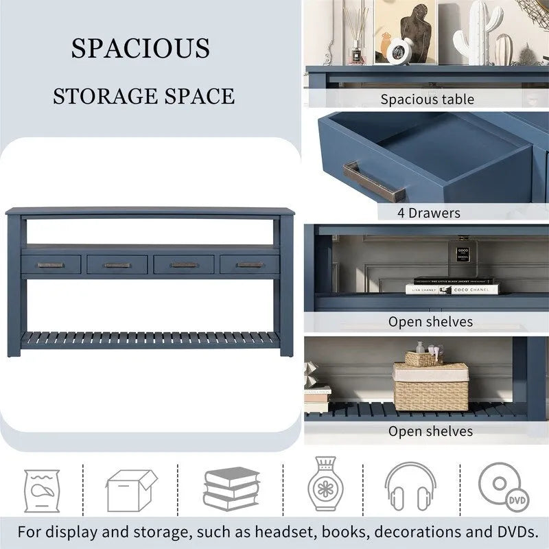 Console d'entrée longue avec tiroirs, style campagnard, en bois, avec 4 tiroirs et 2 étagères