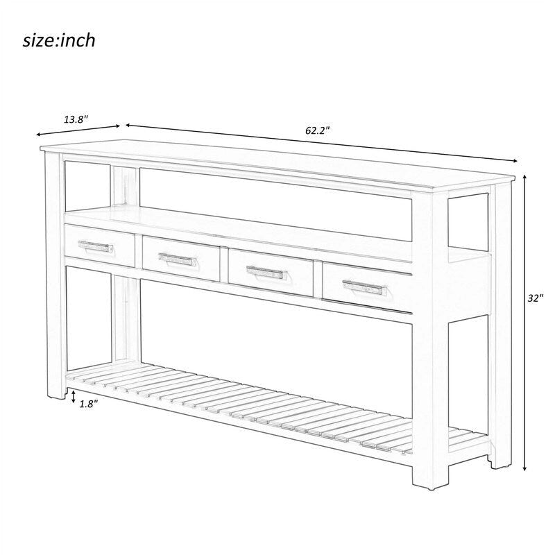 Console d'entrée longue avec tiroirs, style campagnard, en bois, avec 4 tiroirs et 2 étagères