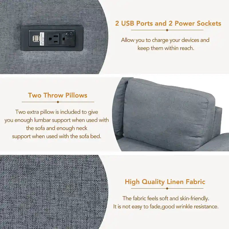 Canapé-lit d'angle en forme de L avec pouf de rangement, rangement dissimulé dans l'accoudoir et port USB pour le salon