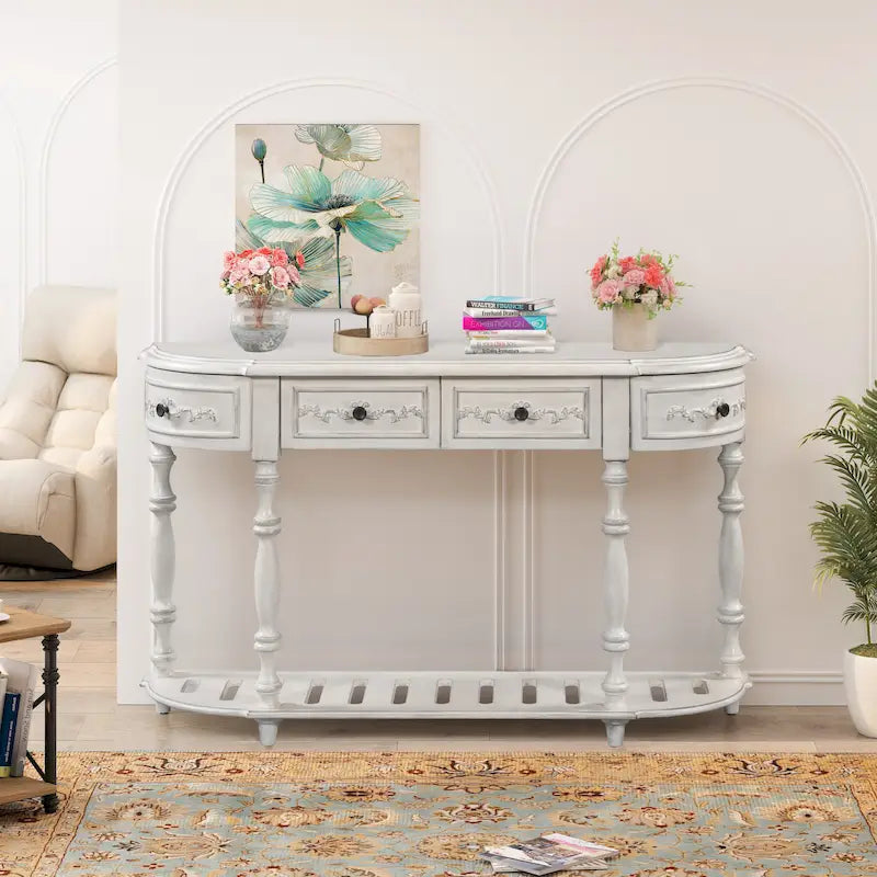 Console incurvée moderne et contemporaine de 52 pouces, table d'appoint pour canapé, entrée ou salon, avec 4 tiroirs et 1 étagère.