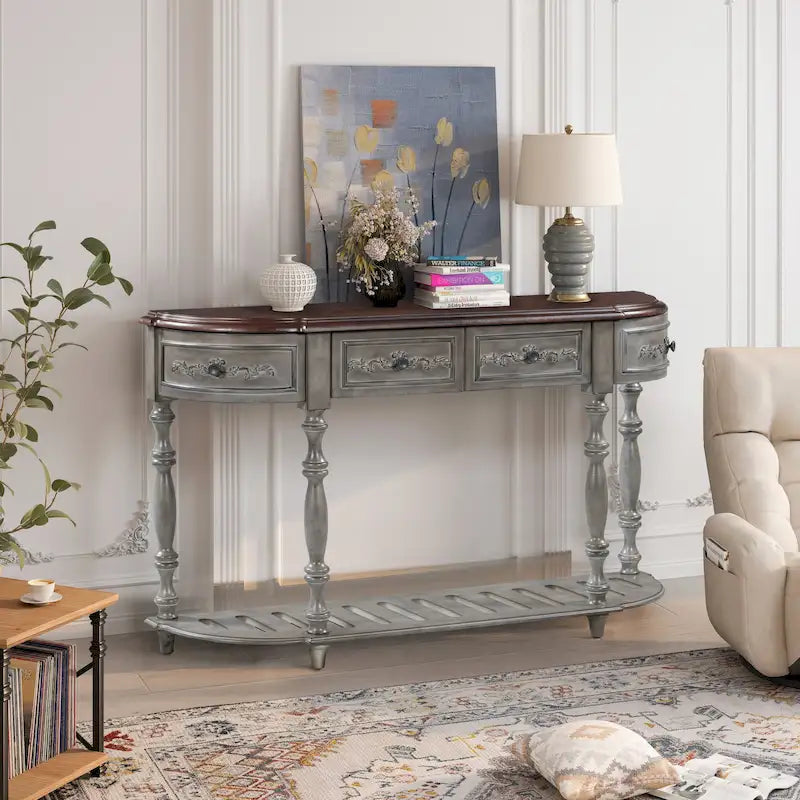 Console incurvée moderne et contemporaine de 52 pouces, table d'appoint pour canapé, entrée ou salon, avec 4 tiroirs et 1 étagère.