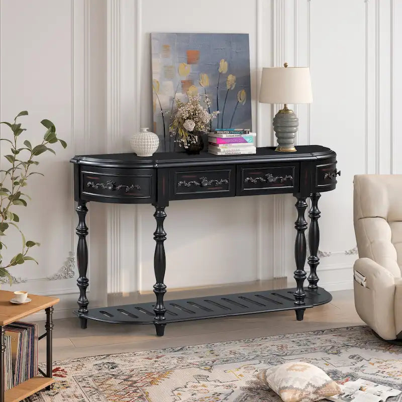Console incurvée moderne et contemporaine de 52 pouces, table d'appoint pour canapé, entrée ou salon, avec 4 tiroirs et 1 étagère.
