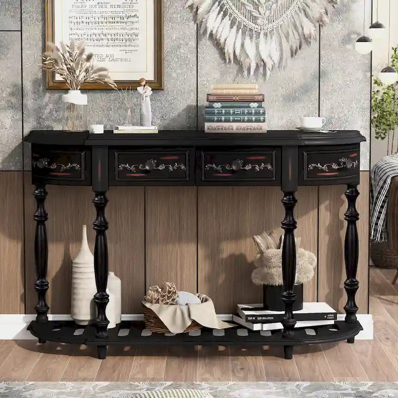 Console incurvée moderne et contemporaine de 52 pouces, table d'appoint pour canapé, entrée ou salon, avec 4 tiroirs et 1 étagère.