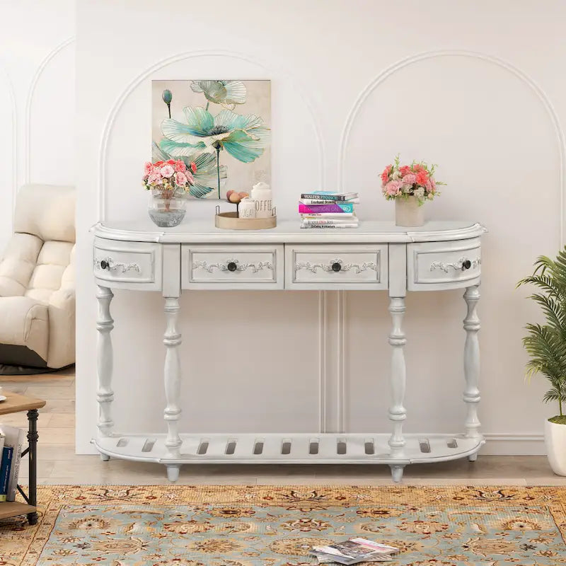 Console incurvée moderne et contemporaine de 52 pouces, table d'appoint pour canapé, entrée ou salon, avec 4 tiroirs et 1 étagère.