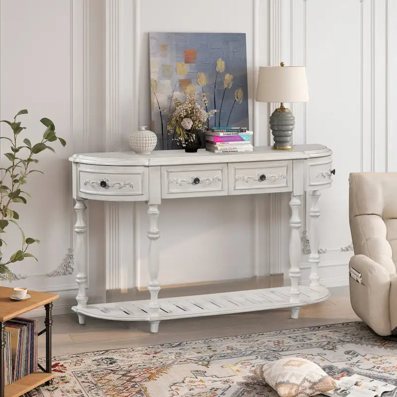Console incurvée moderne et contemporaine de 52 pouces, table d'appoint pour canapé, entrée ou salon, avec 4 tiroirs et 1 étagère.