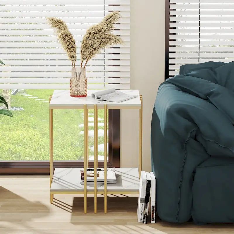 Table d'appoint carrée à 2 niveaux, pieds en métal doré et marbre, table basse décorative