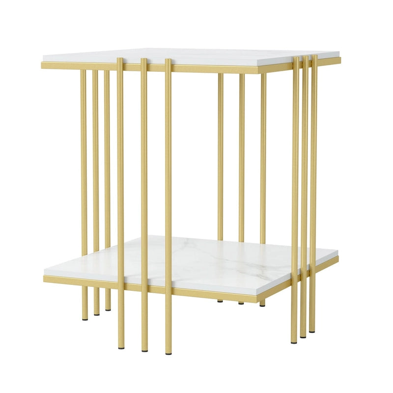Table d'appoint carrée à 2 niveaux, pieds en métal doré et marbre, table basse décorative