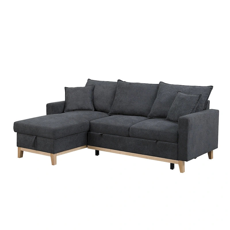 Woven Reversible Sleeper Sectional Sofa with Storage Chaise, Dark Gray