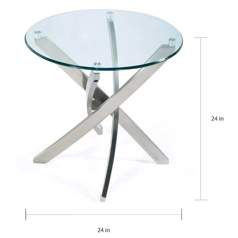 Table d'appoint ronde contemporaine Zila en nickel brossé avec plateau en verre