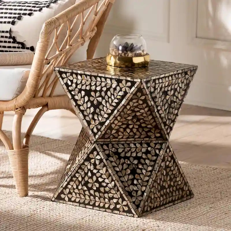 Feronia Modern Bohemian Black and Bronze Mother of Pearl End Table