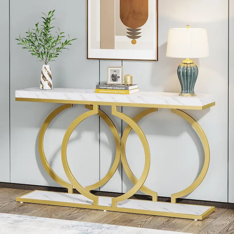Console dorée, table d'entrée étroite de 140 cm en faux marbre, table de canapé longue et étroite