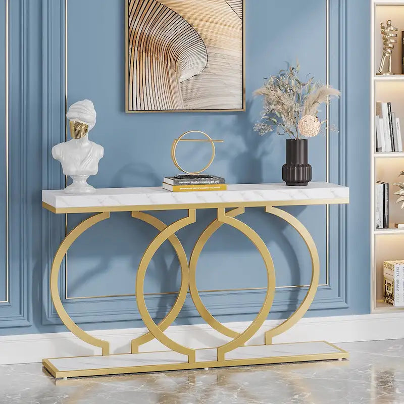 Console dorée, table d'entrée étroite de 140 cm en faux marbre, table de canapé longue et étroite