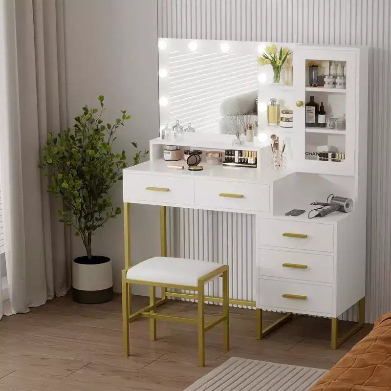 Coiffeuse avec miroir, éclairage et ampoules LED, tabouret, table de maquillage avec 5 tiroirs, coiffeuse pour adulte