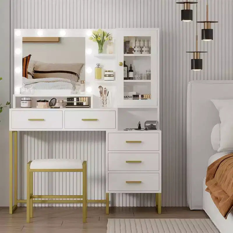 Coiffeuse avec miroir, éclairage et ampoules LED, tabouret, table de maquillage avec 5 tiroirs, coiffeuse pour adulte
