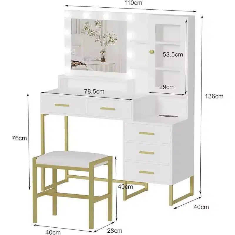 Coiffeuse avec miroir, éclairage et ampoules LED, tabouret, table de maquillage avec 5 tiroirs, coiffeuse pour adulte