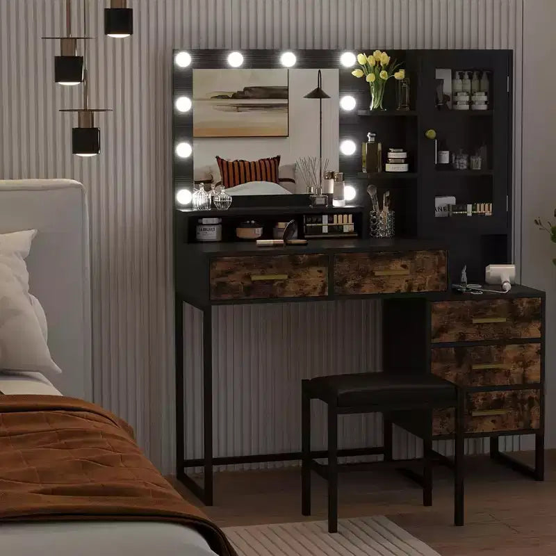 Coiffeuse avec miroir, éclairage et ampoules LED, tabouret, table de maquillage avec 5 tiroirs, coiffeuse pour adulte