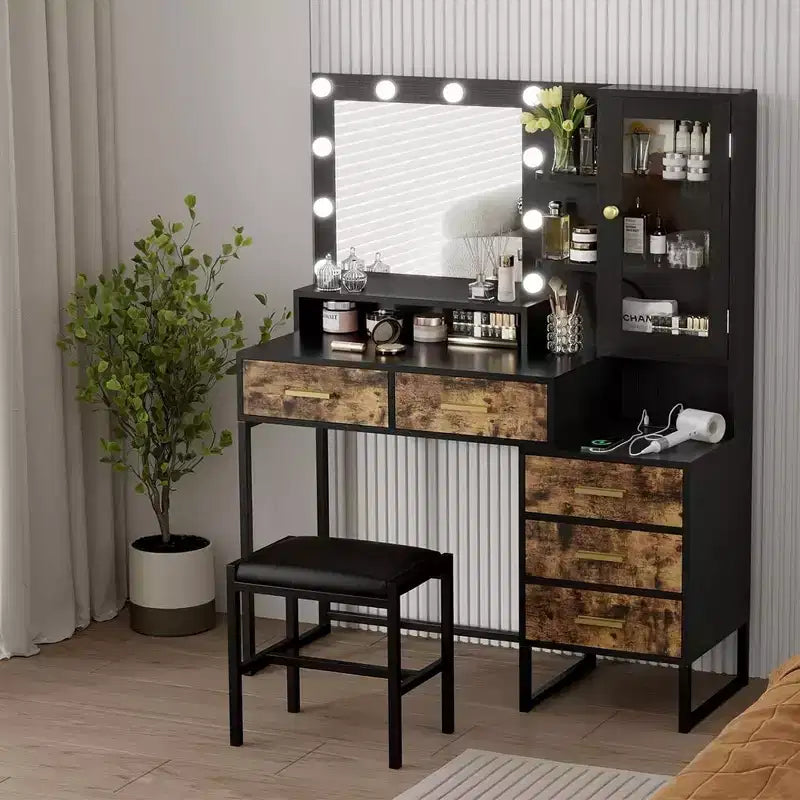 Coiffeuse avec miroir, éclairage et ampoules LED, tabouret, table de maquillage avec 5 tiroirs, coiffeuse pour adulte