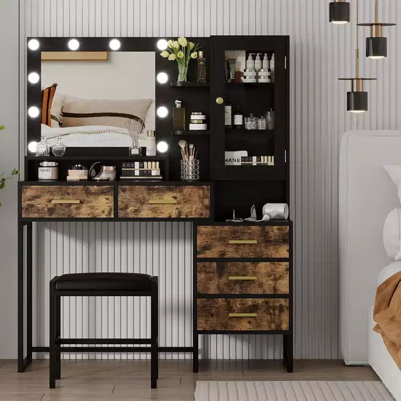 Coiffeuse avec miroir, éclairage et ampoules LED, tabouret, table de maquillage avec 5 tiroirs, coiffeuse pour adulte