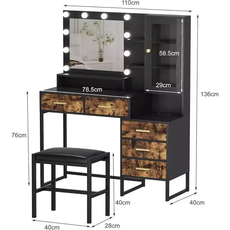 Coiffeuse avec miroir, éclairage et ampoules LED, tabouret, table de maquillage avec 5 tiroirs, coiffeuse pour adulte