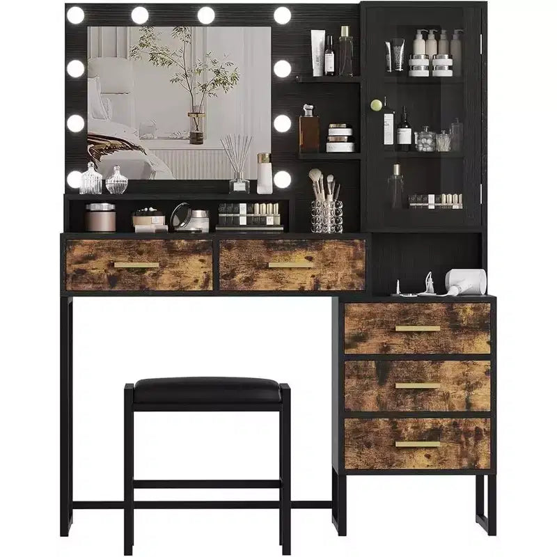 Coiffeuse avec miroir, éclairage et ampoules LED, tabouret, table de maquillage avec 5 tiroirs, coiffeuse pour adulte