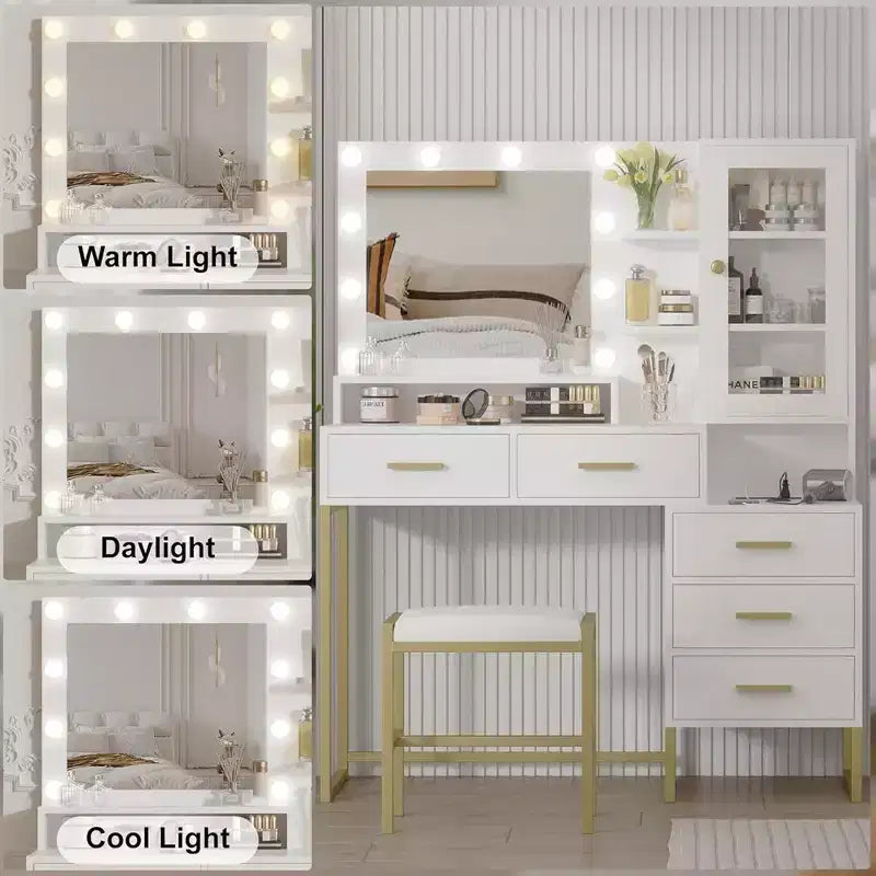 Coiffeuse avec miroir, éclairage et ampoules LED, tabouret, table de maquillage avec 5 tiroirs, coiffeuse pour adulte