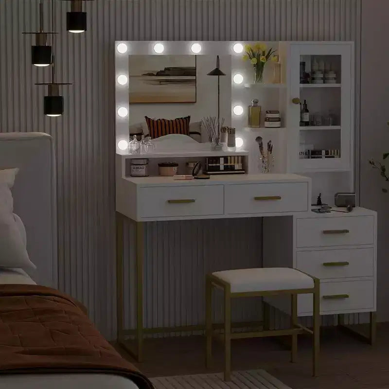Coiffeuse avec miroir, éclairage et ampoules LED, tabouret, table de maquillage avec 5 tiroirs, coiffeuse pour adulte