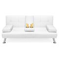 White Faux Leather Convertible Sofa Futon with 2 Cup Holders