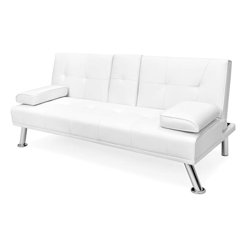 Canapé-lit futon convertible en similicuir blanc avec 2 porte-gobelets
