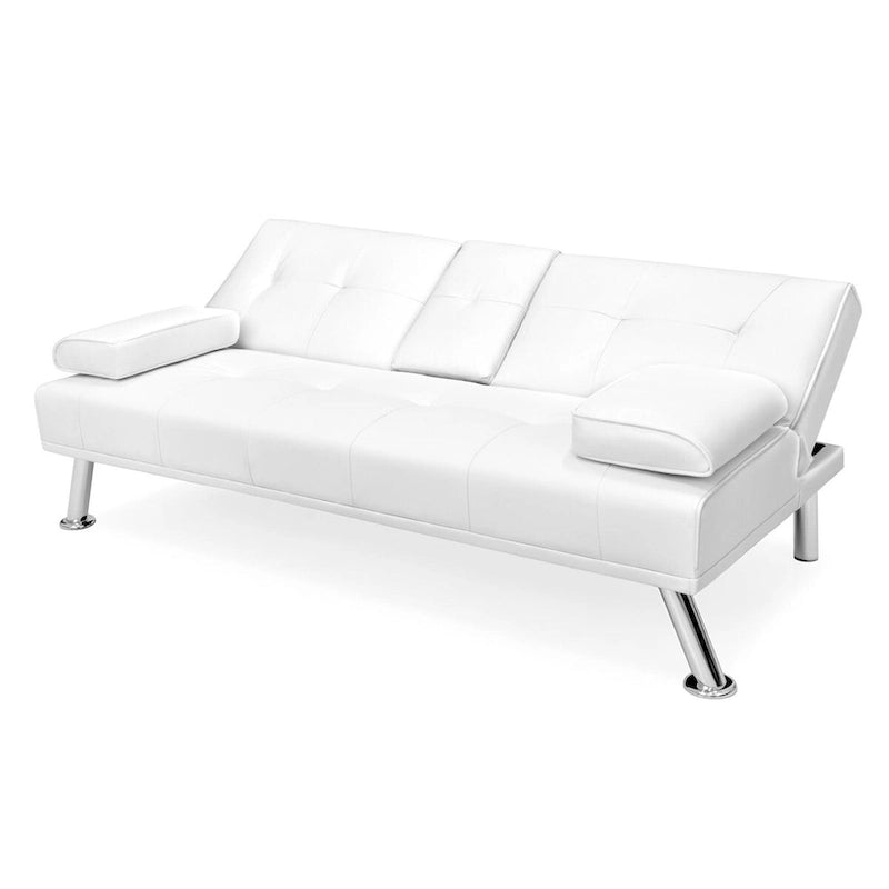 Canapé-lit futon convertible en similicuir blanc avec 2 porte-gobelets