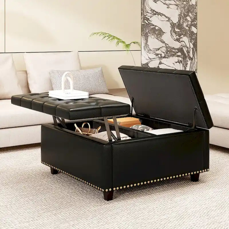 Fauteuil carré surdimensionné en cuir PU avec rangement intégré, rangement à double porte, table basse moderne du milieu du siècle