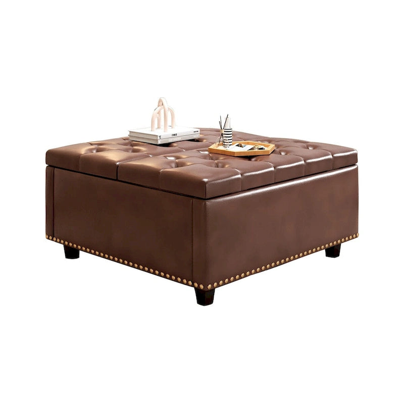 Fauteuil carré surdimensionné en cuir PU avec rangement intégré, rangement à double porte, table basse moderne du milieu du siècle