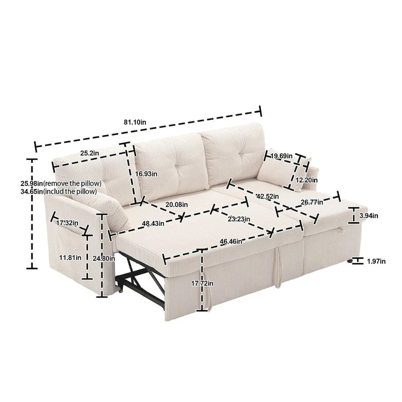 Canapé d'angle modulaire en forme de L avec méridienne réversible et assise de rangement
