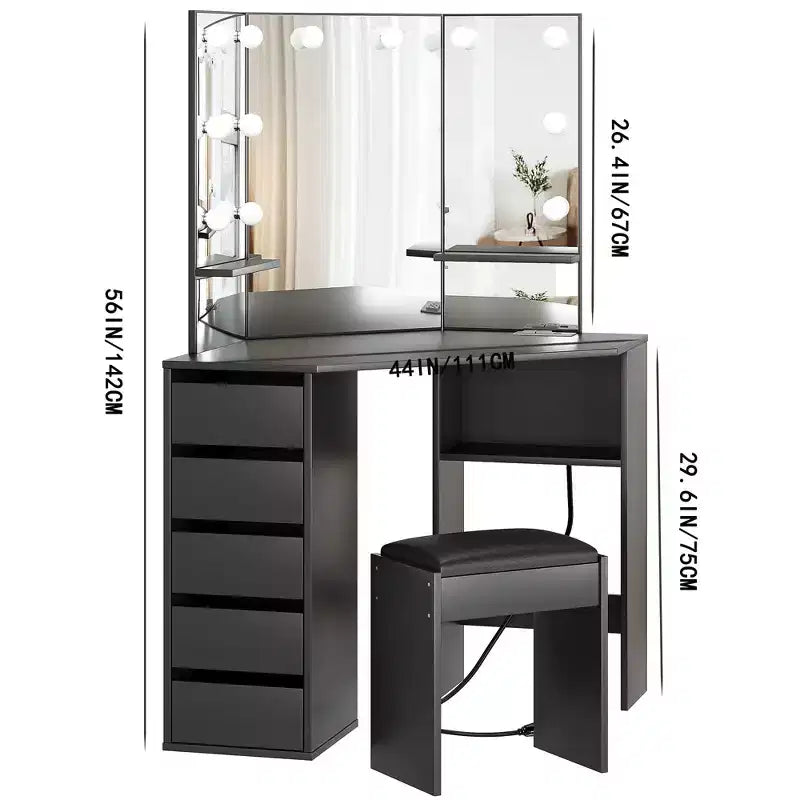 Coiffeuse d'angle avec 3 miroirs pliants éclairés, table de maquillage avec station de charge