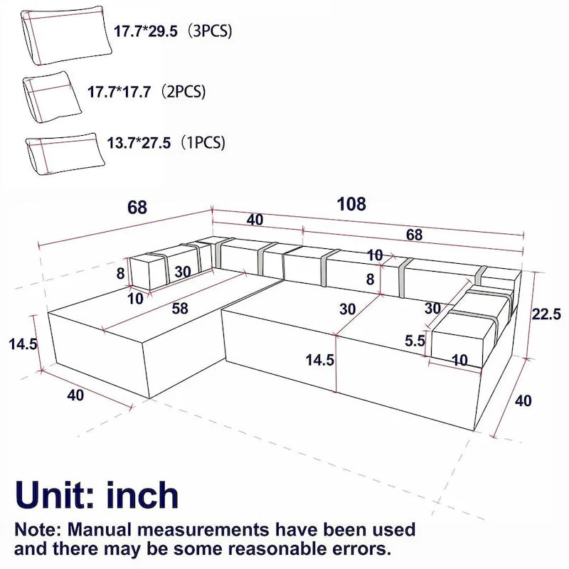 Canapé d'angle en chenille en forme de L, canapé moderne modulable avec dossier rembourré et 6 coussins pour salon