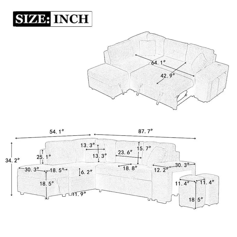 Canapé d'angle convertible en lit avec pouf de rangement, canapé-lit convertible pour salon