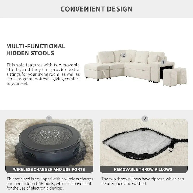 Canapé d'angle convertible en lit avec pouf de rangement, canapé-lit convertible pour salon